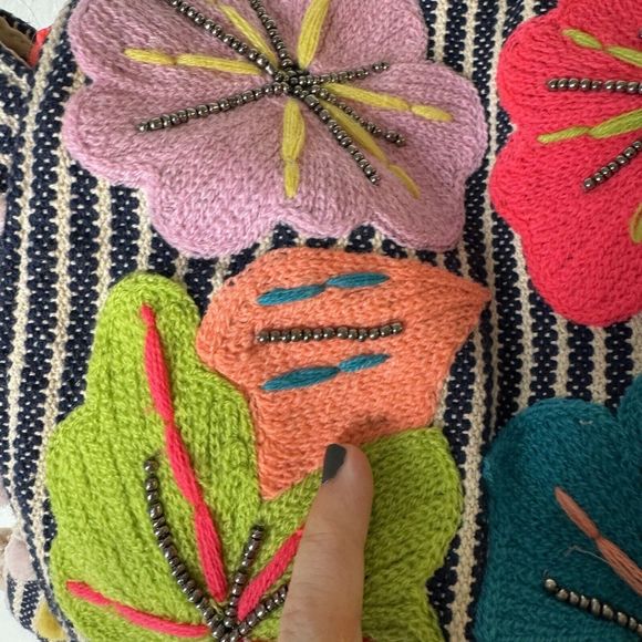 A&B America And Beyond Embroidered Floral Backpack Pom Poms Tassels Neon *Flaw - Picture 4 of 16